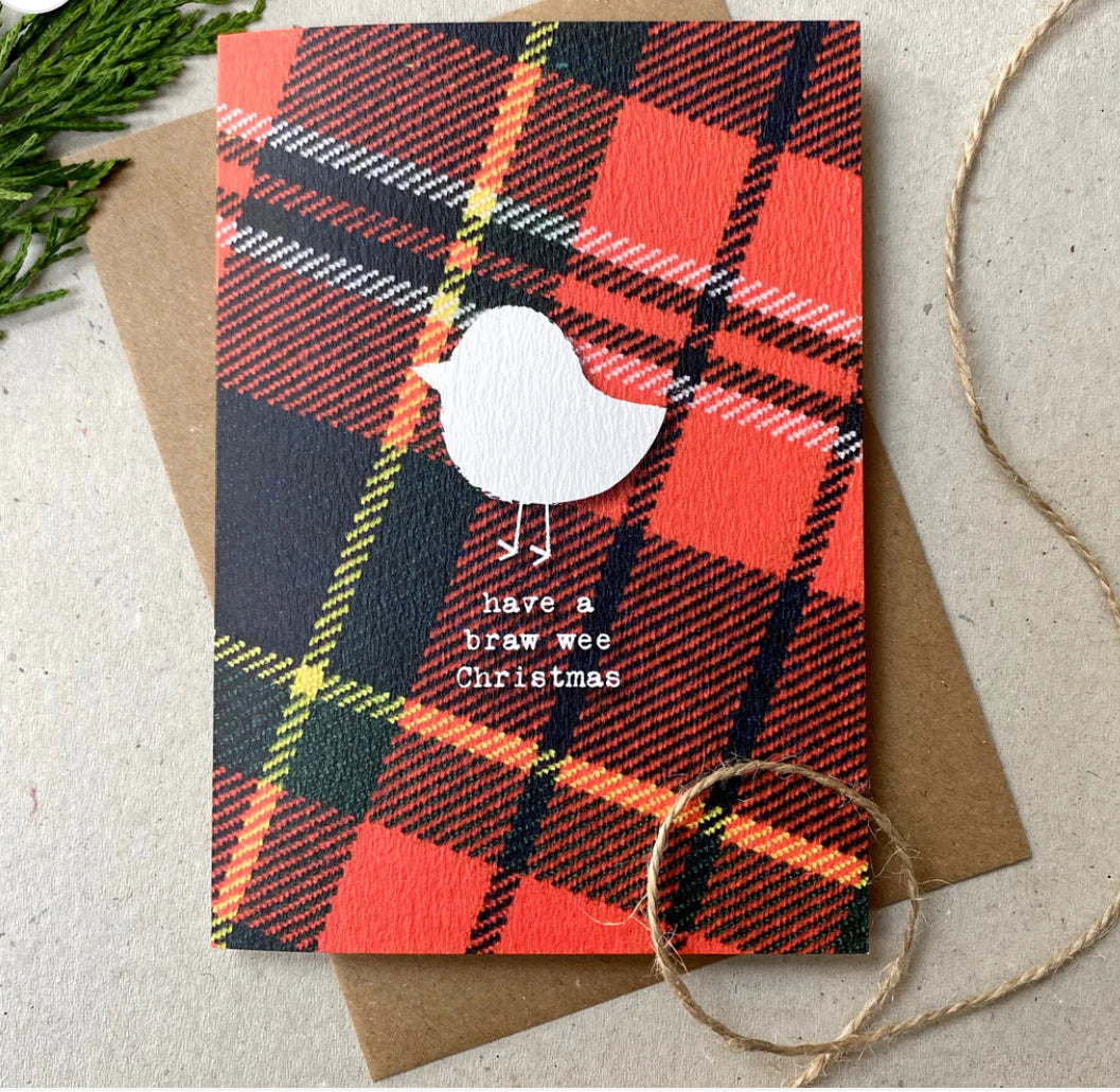 'Have a braw wee Christmas' Tartan Background Christmas Card